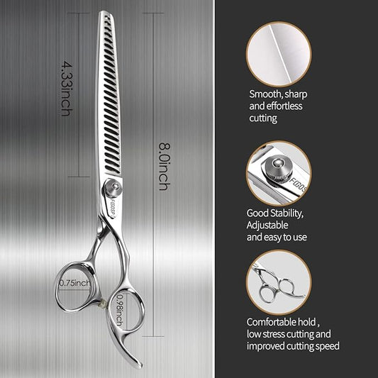 Professional Thinning Shears for Dogs with Micro Serrated Edge 8 inch Dog Grooming Scissors Long Chunkers Shears Japan 440C 70% Thinning Rate 26 Teeth(8in)