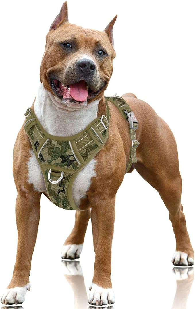 BARKBAY No Pull Dog Harness Large Reflective Dog Harness with Front Clip and Easy Control Handle for Walking Training Running with ID tag Pocket(Camo,L)