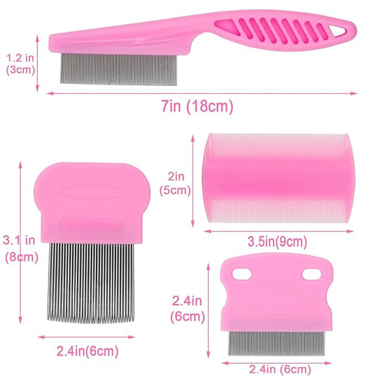 Flea Comb 4-Pieces-Pink with High Strength Teeth Pet Tear Stain Remover Combs, Dog Cat Grooming Set Effective Float Hair Remover