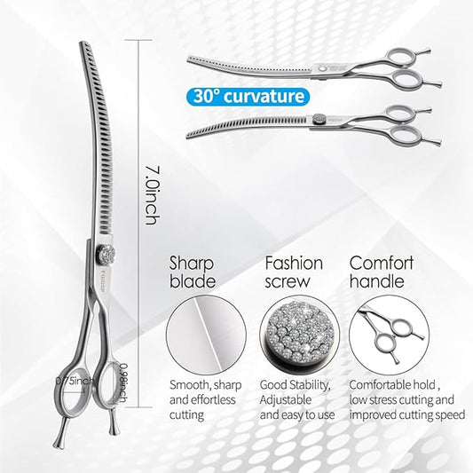 7.0'' Curved Chunkers Shears for Dog Grooming Professional Magic Dog Grooming Scissors with Big Artificial Diamonds 30 Teeth for Large Dog(7.0 in, Curved Chunkers)