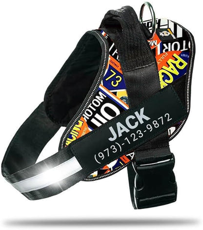 Personalized No-Pull Dog Harness with Name Patch, Adjustable, Reflective, Padded, Heavy Duty Pet Vest to Prevent Tugging, Pulling, or Choking, Training and Walking, Motorsport, XS