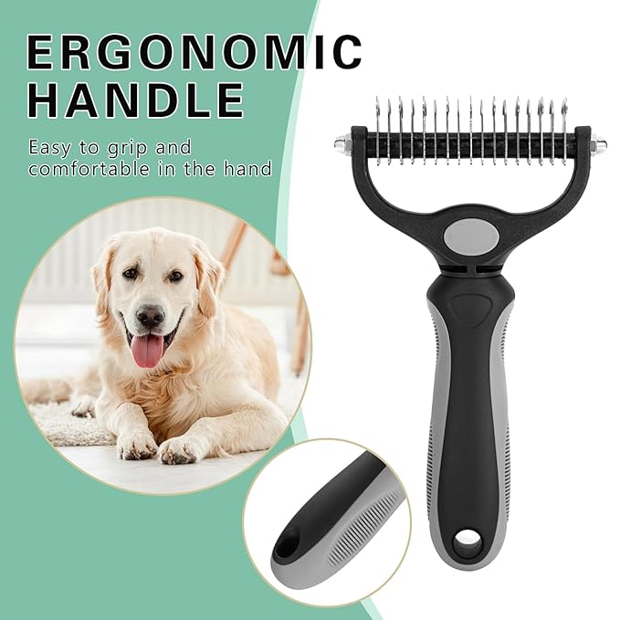 Deshedding Brush - Double-Sided Undercoat Rake for Dogs & Cats - Shedding Comb and Dematting Tool for Grooming, Extra Wide