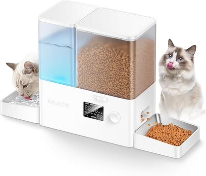 Rojeco 36Cups/8.5L Pet Automatic Cat Feeder and Gravity Water Dispenser,Stainless Steel Bowls 2-in-1 Set Large Capacity 5L Food Feeder and 3.5L Water Fountain for Cats,Pets,Small Dogs,Puppies,Kittens