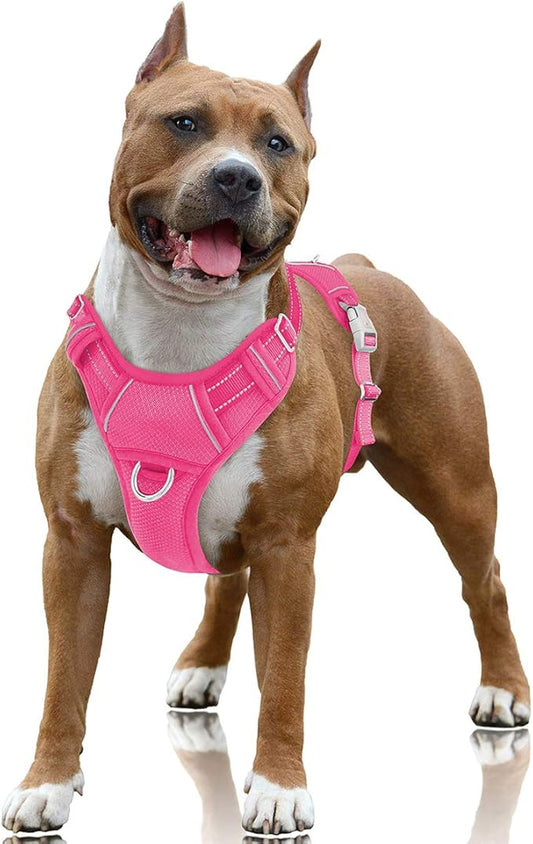 BARKBAY No Pull Dog Harness Large Reflective Dog Harness with Front Clip and Easy Control Handle for Walking Training Running with ID tag Pocket(Pink,L)