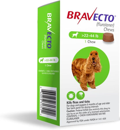 BRAVECTO Chew for Dogs, Flea & Tick, 1 Chew, 12 Week Supply, 22-44 lbs., Green Box