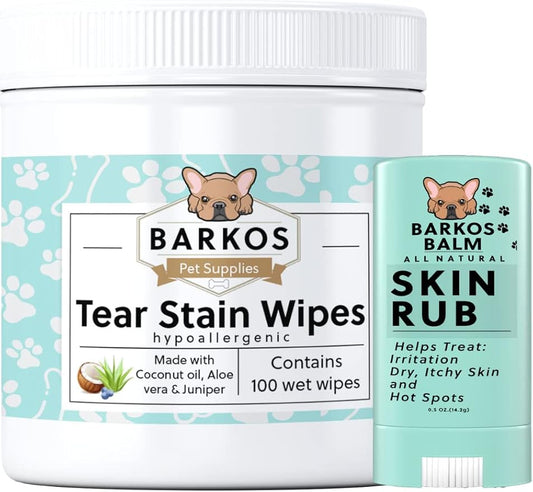 Tear Stain Wipes + Skin Balm For Dogs | Bulldog, French Bulldog, Pug, English Bulldog | Cleans & Soothes Tear Stains, Wrinkles, Folds, Tail Pockets & Paws, Anti-Itch | 100 Soft Cotton Pads