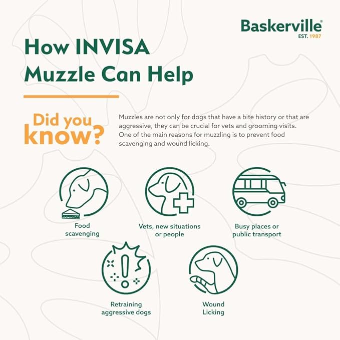 Baskerville INVISA Basket Dog Muzzle - Patented Humane Design with Facial Visibility, Padded Nose Band, Dog can Pant and Drink, Prevents Biting and Scavenging. Muzzle for Large Dogs (Size 6)