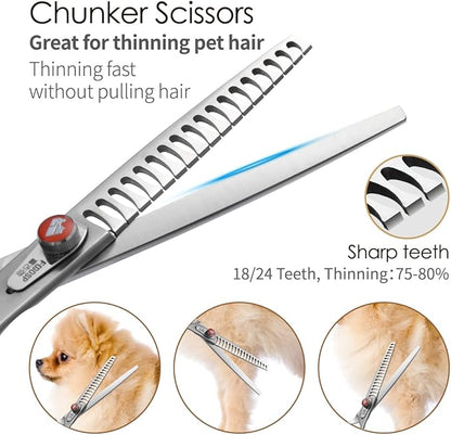 Professional Dog Grooming Scissors Kit 8 in Curved Thinning Straight Chunker Shears and Comb 5pcs Set for Grooming Big Dogs Poodle Pet Japan 440C Stainless Steel