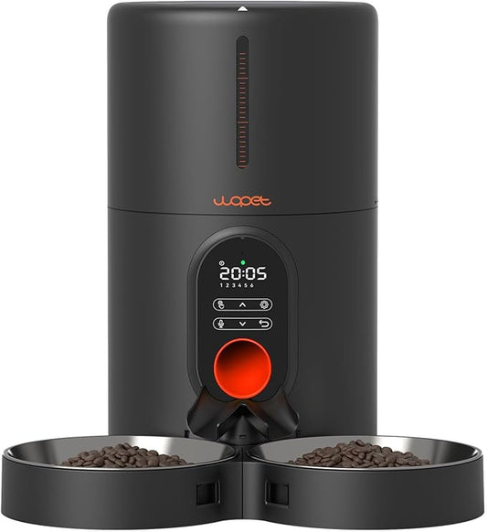 WOPET Automatic Cat Feeders 2 Cats, (𝟮𝟬𝟮5 𝗨𝗽𝗴𝗿𝗮𝗱𝗲) Timed Cat Food Dispenser with Stainless Steel Bowl, Programmable 1-6 Meals Control, Dual Power Supply Auto Pet Feeder for Cats and Dogs