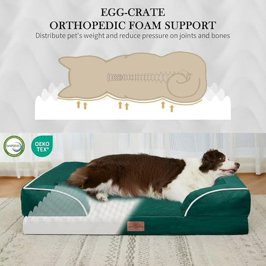 Orthopedic Large Dog Beds, Waterproof Dog Beds for Large Dogs, Comfy Washable Pet Bed Sofa with Removable Cover & Non-Slip Bottom(Large,Emerald)