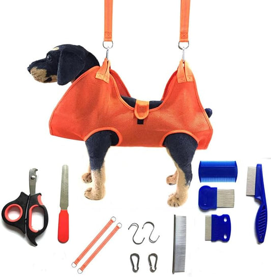 Dog Grooming Hammock with Flea Comb and Dog Nail Clipper, Pet Dog Grooming Hammock Harness with Cat Nail Clipper, Nail File and Dog Brush, Dog Sling for Nail Clipping/Nail Trimming (L, Orange)