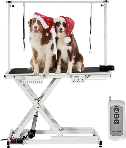 Professional Electric Dog Grooming Table Heavy Duty Pet Grooming Table Height Adjustable w/Leveling Wheels, Dog Grooming Arm, Anti Slip Tabletop &Tool Organizer, Dog Grooming Station 50" White