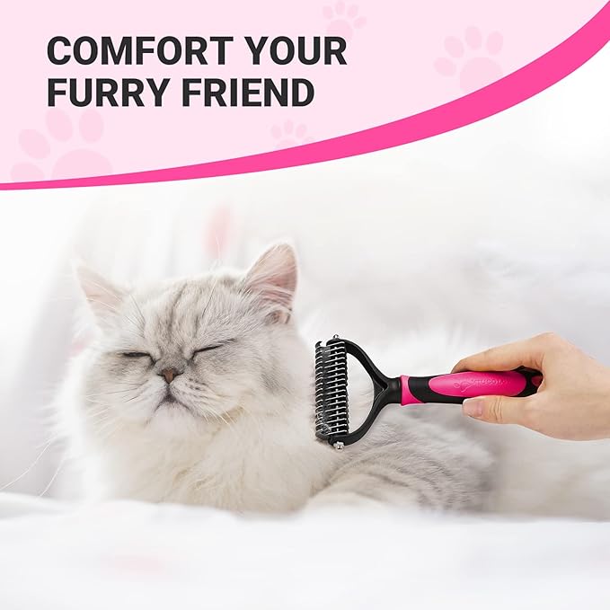 MIU COLOR Pet Grooming Brush, 2 Sided Undercoat Rake for Dogs & Cats, Professional Deshedding Brush and Dematting Tool, Effective Removing Knots, Mats, Tangles for Cats, Dogs, Extra Wide (Pink)