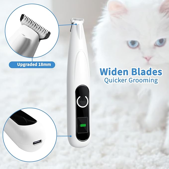 Upgraded Dog Paw Trimmer with LED Light, Low Noise Cat Clipper for Grooming, 18mm Widen Blade Digital Display Pet Paw Trimmer for Paws, Ears, Face, Waterproof Rechargeable Paws Clipper for Dog Cat
