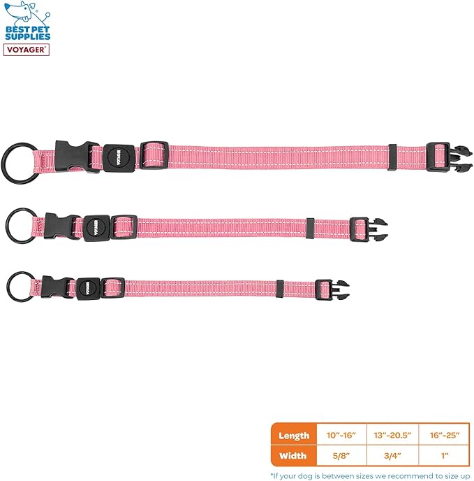 Best Pet Supplies Reflective Dog Collar with Adjustable Length, Heavy-Duty Buckle, and Strong Leash D-Ring, Training, Walking, Jogging Accessory for Small, Medium, and Large Breeds - Pink, S