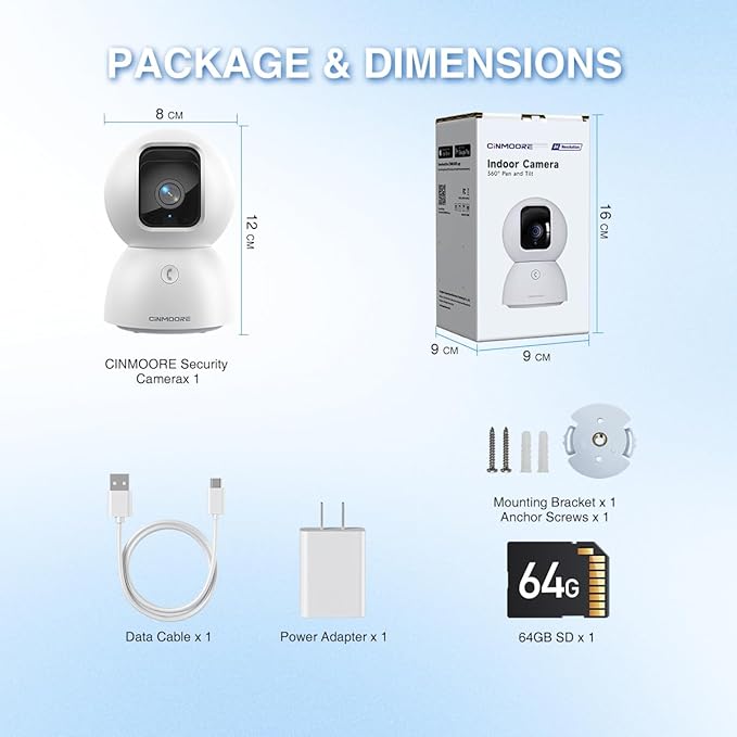 3K Baby/Pet Security Camera with 64GB SD Card, No Monthly Fee, 360° Pan-Tilt, Color Night Vision, AI Cry/Motion Detection, 2-Way Talk, WiFi 6, Compatible with Alexa
