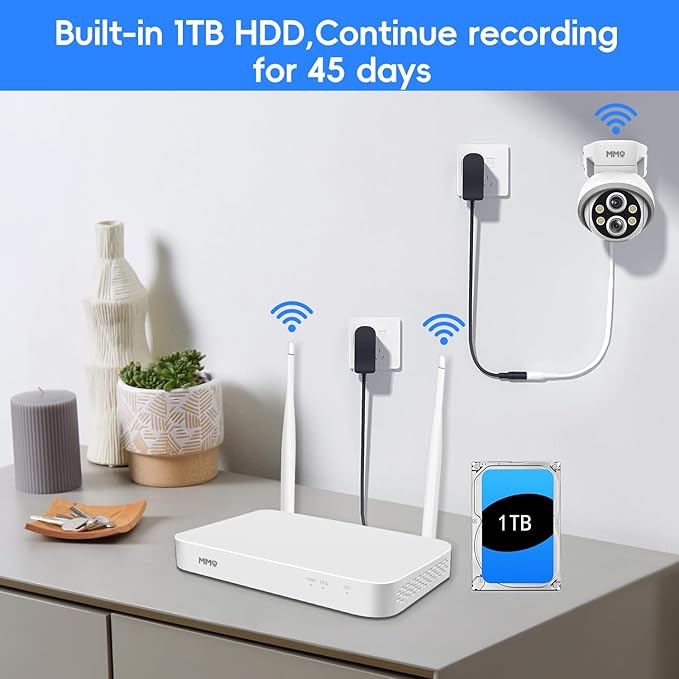 MMQ 【 Auto Track &10x Hybrid Zoom】 Dual Lens WiFi Security Camera System, 4PCS Wireless Cameras Outdoor with 1T HDD,10CH Expandable 5MP NVR, PTZ 2-Way Audio,Color Night Vision, Compatible with Alexa