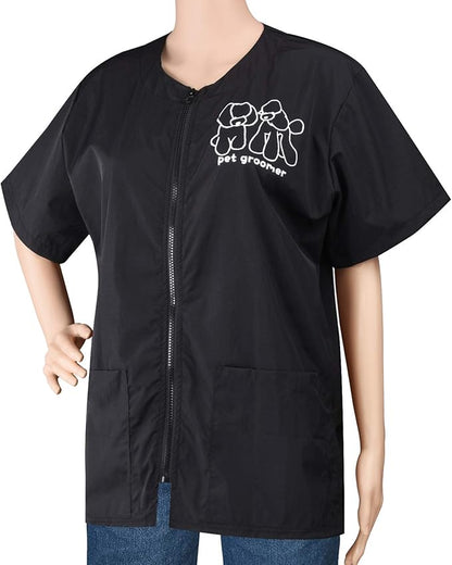 Noverlife Short Sleeves Pet Grooming Work Clothes with Full Zipper, M Size, Splash Proof Anti-Static Pet Beautician Smock, Dog Cat Groomer Cosmetologist Uniforms
