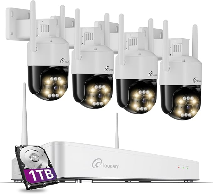 Loocam 4K Wireless Security Camera System Wi-Fi 6, Color Night Vision, 355° Pan 95° Tilt, Light & Siren Alarm, Human Vehicle Detection, Two-Way Audio for Indoor Outdoor, 8CH NVR 1TB HDD Included
