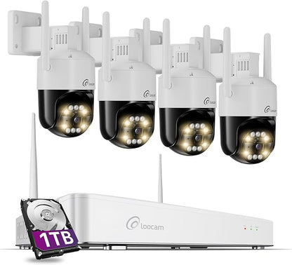 Loocam 4K Wireless Security Camera System Wi-Fi 6, Color Night Vision, 355° Pan 95° Tilt, Light & Siren Alarm, Human Vehicle Detection, Two-Way Audio for Indoor Outdoor, 8CH NVR 1TB HDD Included