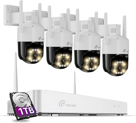 Loocam 4K Wireless Security Camera System Wi-Fi 6, Color Night Vision, 355° Pan 95° Tilt, Light & Siren Alarm, Human Vehicle Detection, Two-Way Audio for Indoor Outdoor, 8CH NVR 1TB HDD Included
