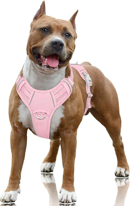 BARKBAY No Pull Dog Harness Large Reflective Dog Harness with Front Clip and Easy Control Handle for Walking Training Running with ID tag Pocket(Baby Pink,L)