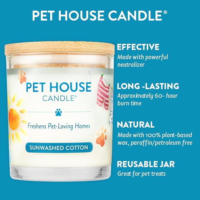 One Fur All Pet House Candle 2 Pack - Plant-Based/Soy, Long Lasting, Pet Odor Eliminating, Sunwashed Cotton Scented Candles
