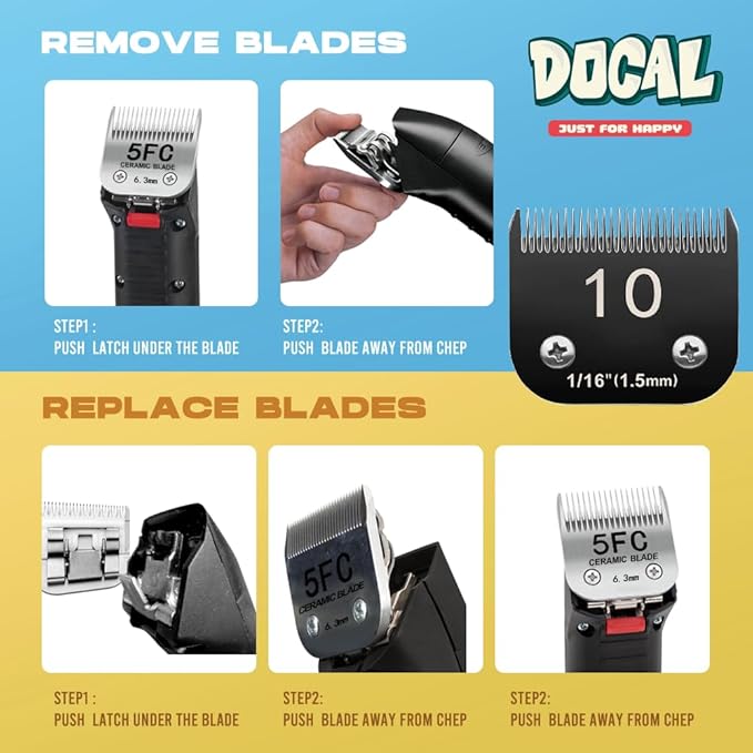 Docal 10# Pet Dog Grooming Detachable Blades with Extra Clipper Stainless Steel Blade, Compatible with Andis Size-10# Cut Length 1/16"(1.5mm), Most A5,KM Series Clippers,Made of Ceramic Blade (Black)