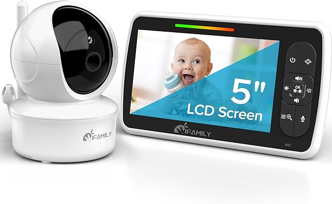 iFamily Baby Monitor - Large 5" Screen with 30Hrs Battery Life - Remote Pan-Tilt-Zoom;No WiFi, Two-Way Audio, Night Vision, Temperature, Lullabies, 960ft Long Range Baby Monitor with Camera and Audio