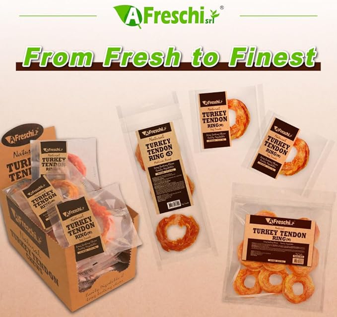 AFreschi Turkey Tendons for Dogs, USA-Sourced, Healthy Dog Treats, Rawhide-Free Puppy Chews, Long Lasting, All Natural, Hypoallergenic Dog Treats for Medium Breeds, 2 Count Pack Ring (M)