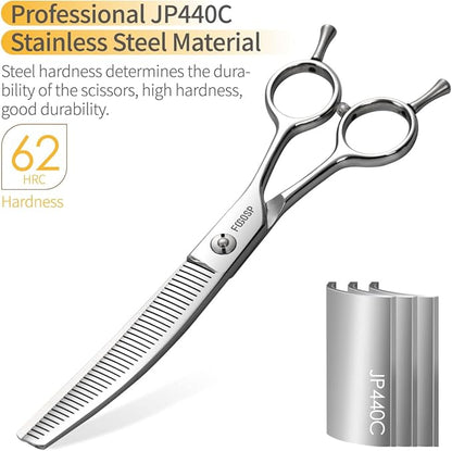 Curved Thinning Shears 7'' Fluffers Scissors Professional Grooming Shears for Dogs Japan 440C 50% Thinning Rate 42 Teeth (Polish)