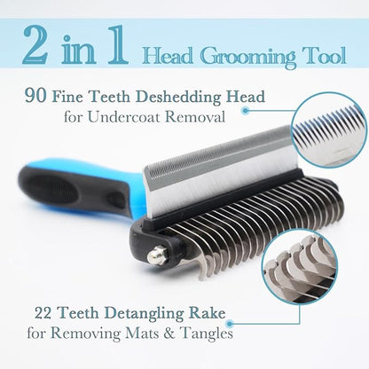 Dog Deshedding Brush 2-in-1 with Grooming Glove - Undercoat Rake & Shedding Tool for Long/Short Hair Dogs, Flea Comb & Hair Removal Brush for Gentle Massage