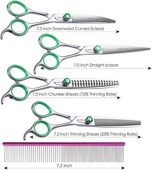 Professional Dog Grooming Scissors Kit Japan 440C Stainless Steel 7.0 in Curved Thinning Straight Chunker Shears and Comb 5pcs Set for Grooming Dogs Cat Pet