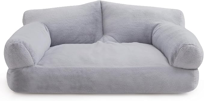 Hollypet Fluffy Plush Dog Cat Pet Couch Soft Calming Sofa Beds for Medium Small Cats and Dogs, Light Gray