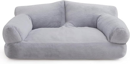 Hollypet Fluffy Plush Dog Cat Pet Couch Soft Calming Sofa Beds for Medium Small Cats and Dogs, Light Gray