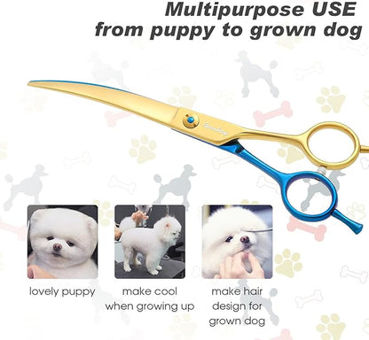 Dog Cat Scissors for Grooming, Pet Shears for Thick Coats and Matted Hair, Thinner Curved Straight Chunker Stainless Steel Shears