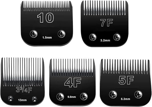 Detachable Pet Dog Grooming Clipper Blades, Size 10#,7FC,5FC,4FC,3-3/4FC, Made of Carbon-Infused Steel Blade and Stainless Steel Blade, Compatible with Most Andis,Oster A5/A6,Wahl KM Series, 5 Count.