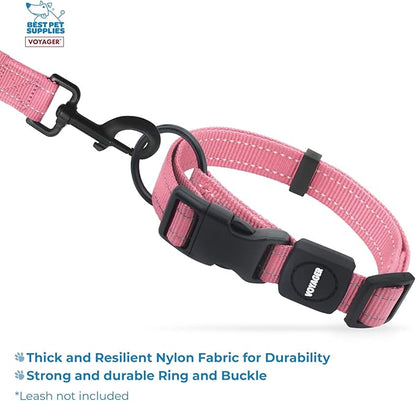 Best Pet Supplies Reflective Dog Collar with Adjustable Length, Heavy-Duty Buckle, and Strong Leash D-Ring, Training, Walking, Jogging Accessory for Small, Medium, and Large Breeds - Pink, S