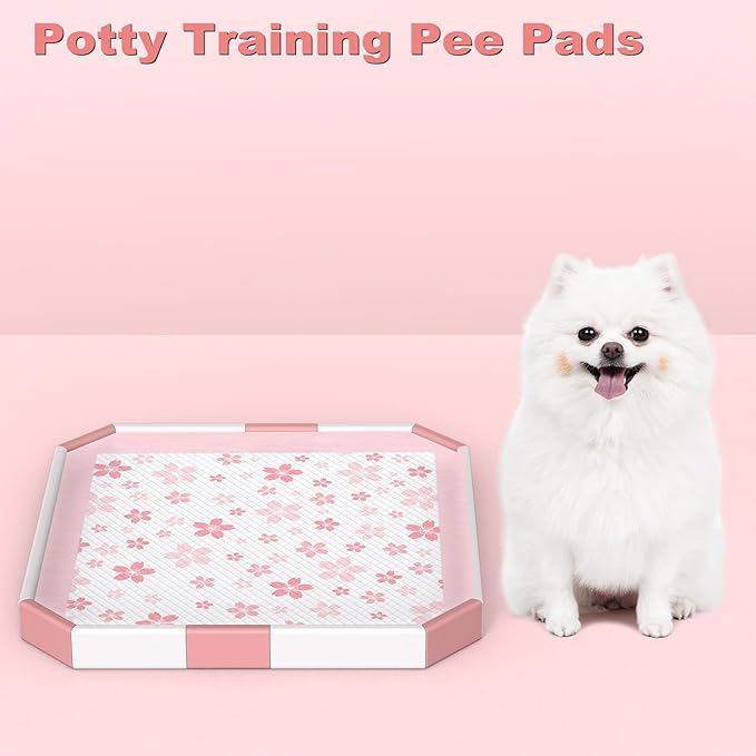 MIZOK Puppy Pads 22"x 22" with Leak-Proof Quick-Dry Design Pee Pads for Dogs Potty Training, 6-Layer Standard Absorbency Dog Pee Pads Regular Size, Pink Cherry Blossom Pattern (100 Counts)