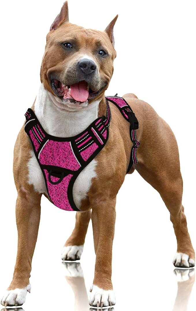 BARKBAY No Pull Dog Harness Large Reflective Dog Harness with Front Clip and Easy Control Handle for Walking Training Running with ID tag Pocket(Pink/Black,L)