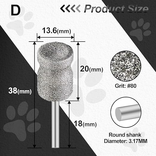 Diamond Dog Nail Grinder Bits - FOCSTOL Diamond Rotory Bit for Dogs&Pets, 2pcs 1/8'' Rotary Nail Grinder Bits for Animals Nail Care (Type D)