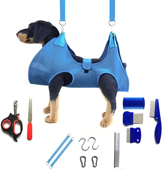 Dog Grooming Hammock with Flea Comb and Dog Nail Clipper, Pet Dog Grooming Hammock Harness with Cat Nail Clipper, Nail File and Dog Brush, Dog Sling for Nail Clipping/Nail Trimming (L, Blue)