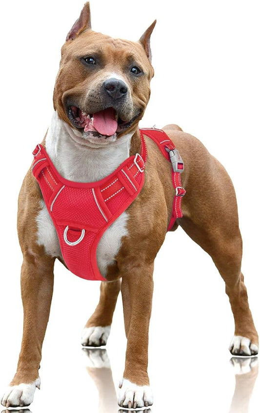 BARKBAY No Pull Dog Harness Large Reflective Dog Harness with Front Clip and Easy Control Handle for Walking Training Running with ID tag Pocket(Red,L)
