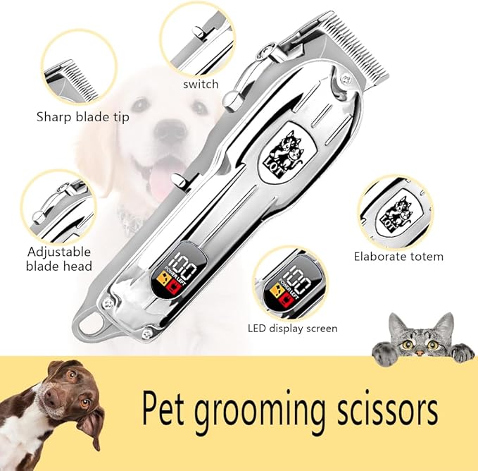 Dog Clippers for Grooming for Thick Coats, Professional Pet Hair Clippers Supplies Kit Low Noise Rechargeable Stainless Steel Hair Trimmer with Ceramic Blade for Dogs Cats Animals (Silver)