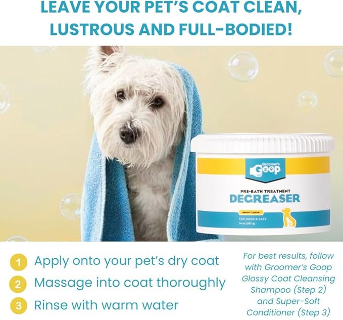 Groomer’s Goop Pre-Bath Pet Degreaser Treatment - Professional Strength Formula Removes Tough Oil & Grime from Dog & Cat Coats, Conditions Skin, Dye-Free - 14 oz Can