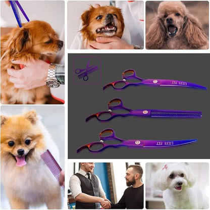 LILYS PET Professional PET DOG Grooming Coated Titanium scissors suit Cutting&Curved&Thinning shears (7.0 inches, Purple)…