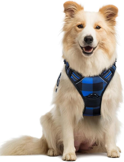 rabbitgoo Dog Harness No Pull with 2 Leash Clips, Adjustable Soft Padded, Reflective Oxford No Choke Pet Vest with Easy Control Handle for Medium Sized Dogs, Blue Plaid, M