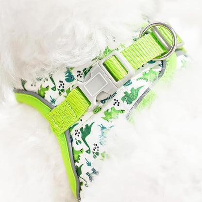 Step in Dog Harness and Leash Set, Flower Adjustable Easy Walk Puppy Harnesses, Soft Mesh Pet Vest Harness Small Size Dog Adjustable No Pull Dog Harness for Small Dogs and Cats(Dinosaur, XS)