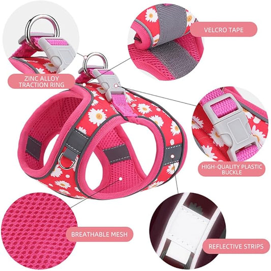 Step in Dog Harness and Leash Set, Flower Adjustable Easy Walk Puppy Harnesses, Soft Mesh Pet Vest Harness Small Size Dog Adjustable No Pull Dog Harness for Small Medium Dogs(Rose red, M)
