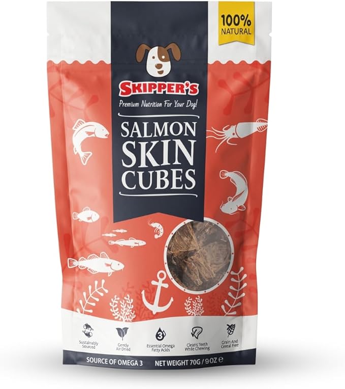 SKIPPER'S Salmon Skin Cubes - 100% Salmon Skin Grain Free & Hypoallergenic Cubes for Dogs, All Natural & Healthy Dog Treats, Omega 3 & 6 Oil, Great for Skin, Coat & Joints | (9 Oz)